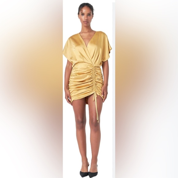 Endless Rose Shirred Gold Satin Ruched Mini Dress NEW - Picture 5 of 13